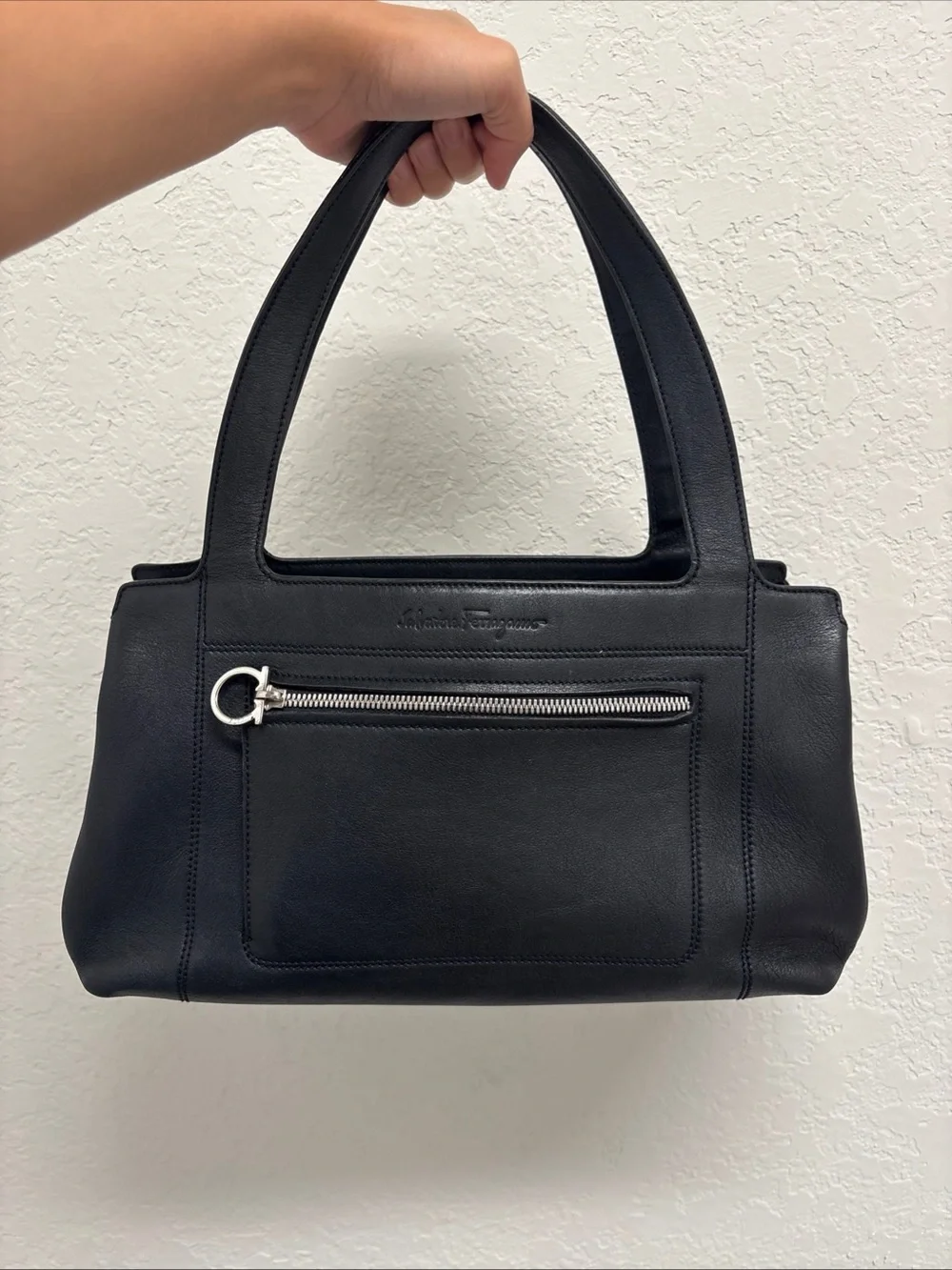 Salvatore Ferragamo Black Leather Shoulder Bag with Front Zip